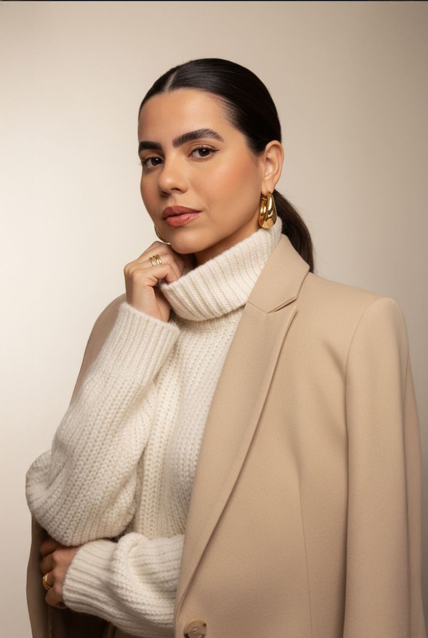 Bruna Mary de blazer bege e gola alta