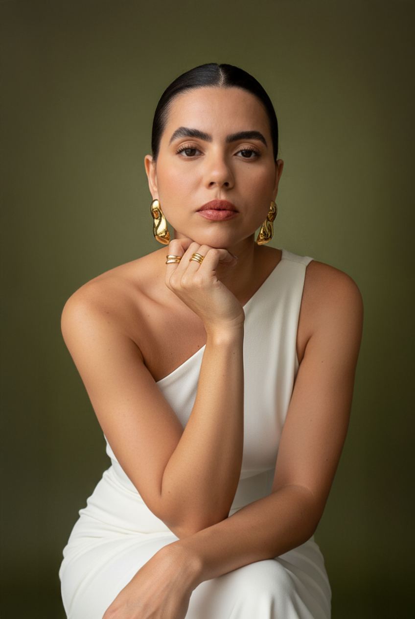 Retrato da nutricionista Bruna Mary com vestido branco de um ombro só
